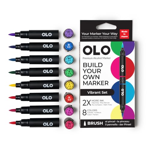 OLO Vibrant set, 8pc Brush Tip Alcohol Markers. Customizable with Innovative Ink Flow. Professional Dual Tip Art Markers for Illustration, Sketching, Drawing, Manga, Paper Craft, Cardmaking