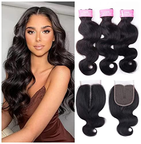 Sexycat Body Wave Bundles with 4x4 Lace Closure Human Hair 14 16 18+12 Inch 100% Unprocessed Brazilian Virgin Hair Extensions Weave Weft Bundles with Middle Part Closure