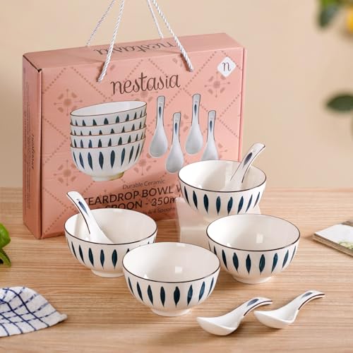 Image of Nestasia Set of 4 Soup Bowl with Spoon (350ml Each) - Ceramic Microwave & Dishwasher Safe Bowls for Serving Soup, Curry, Custard, & Dessert | Teardrop Design Bowl Set Perfect for Gifting & Daily Use