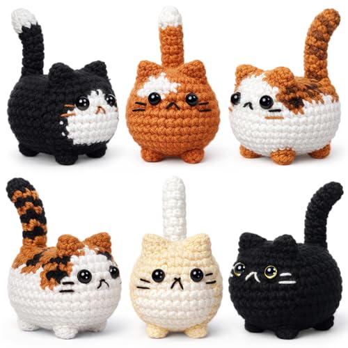 CrystalSylara 6 Pcs Crochet Cat Figurines Set Handmade Knitted Desk Decor Cute Kawaii Mini Cat Lover Gifts Amigurumi Crochet Plush Animals for Women Men Office Home Shelf Table Decoration (Cute)