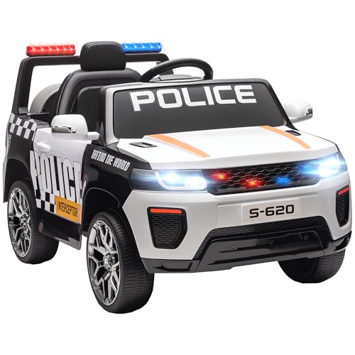 AIYAPLAY Coche Eléctrico para Niños de Policía, Coche de Batería 12V, con Motor Doble, Mando a Distancia 2,4 G, Suspensión en 4 Ruedas, Sirena, Faros LED, Puerto USB, Blutooth y Música, Blanco