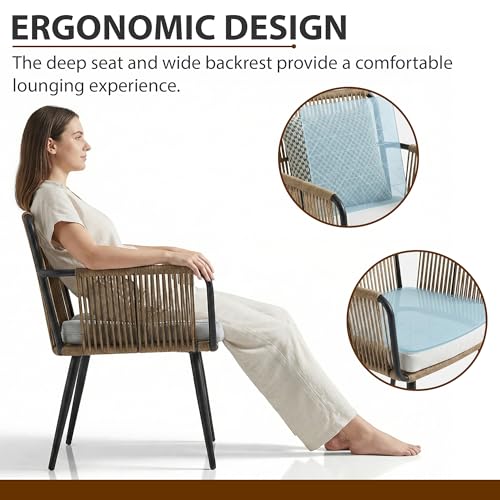 Image of BRISHI Garden Patio Seating Chair and Table Set Outdoor Balcony Garden Coffee Table Set Furniture with 1 Table and 2 Chairs Set with Cushion Braid & Rope (Light Brown)