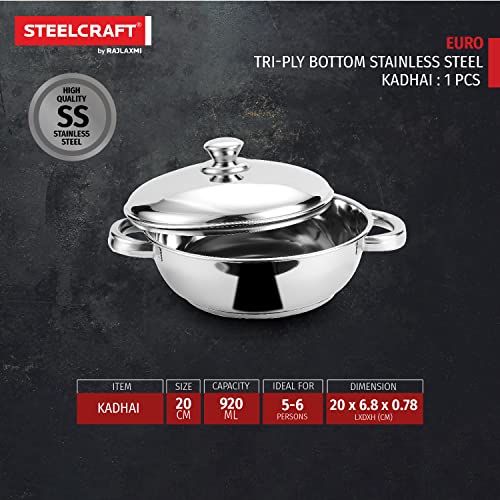 Image of Steelcraft Premium Stainless Steel Euro kadai -20 cm, 920ml (Induction Friendly) Cook and Serve, for Multipurpose Cooking, Silver, Set of 1