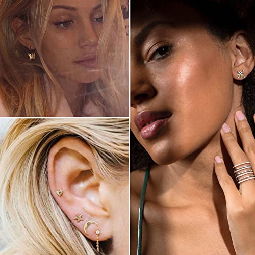 68 Pairs Gold Stud Earrings for Women Multipack, Hypoallergenic Assorted Earring Set Multiple Piercings, Cubic Zirconia Pearl Butterfly Stud Hoop Earring Pack3