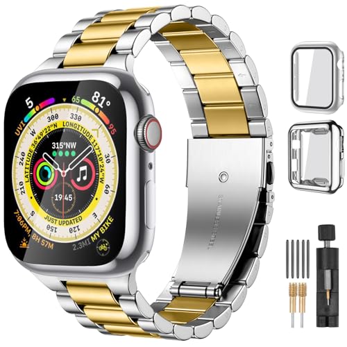 Lerobo Compatible with Apple Watch 38mm 40mm 41mm 42mm 44mm 45mm 46m 49mm, Solid Stainless Steel Metal Band with 2 Pack Protective Cases for iWtach Series 11 10 9 8 7 6 5 4 3 SE Ultra 3 2 1