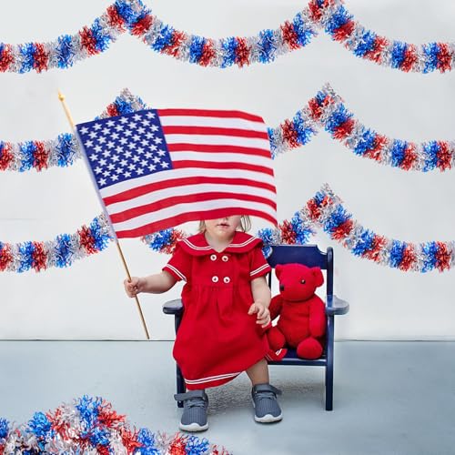 Image of 33FT 4th of July Patriotic Tinsel Garland Red White Blue Glitter Metallic Twist Foil Tinsel Garland for Independence Day Memorial Day Party Door Tree Indoor Outdoor Decoration