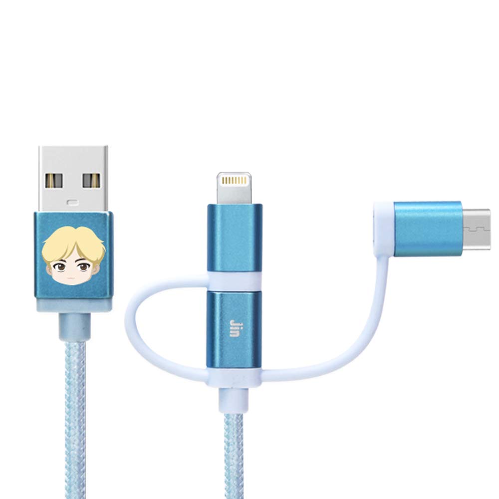 BTS Character Cables TinyTAN 3in1 Cable_JIN (USB-A to USB-C, Micro USB, MFI Certified Cable) Compatible with Android, Galaxy Series, iPhone Series