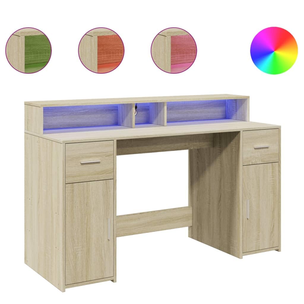 Scrivania a LED in rovere Sonoma, 140 x 55 x 91 cm, in legno con illuminazione RGB, porta USB, vano portaoggetti, cassetti, scrivania da ufficio