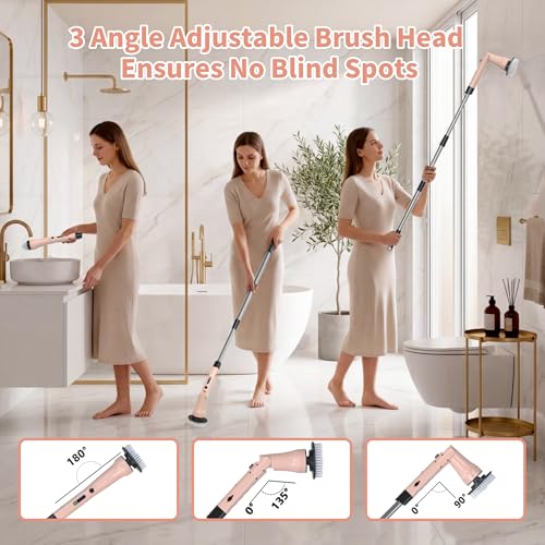 Image of Electric Spin Scrubber, Hillyfe Bathroom Scrubber Electric with 7 Replaceable Brush Heads, IPX7 Waterproof,300 /400 RPM, 3 Adjustable Length,Scrubber Brush Electric for Bathtub Floor,Pink