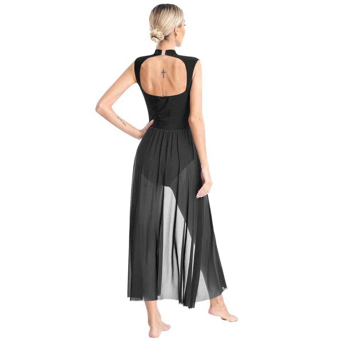 Lyrical Tanzkleid für Damen, florale Spitze, Stehkragen, offener Rücken, ärmellos, Gymnastikanzug, Maxikleid, Bühnenauftrittskostüm