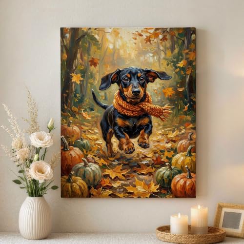Lienzo decorativo de perro salchicha rústico: calidez de otoño para tu hogar