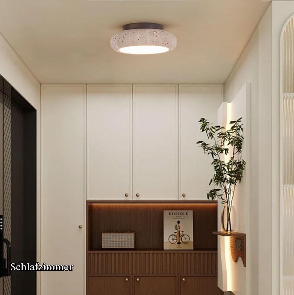 Moderne Wabi-Sabi Deckenlampe,Deckenleuchte Aus Gelbem Travertin Mit Rundem Lampenschirm Aus Stein,Deckenbeleuchtung Im Mid-Century-Stil Für Schlafzimmer, Wohnzimmer, Kücheninsel Und Flur(15cm)