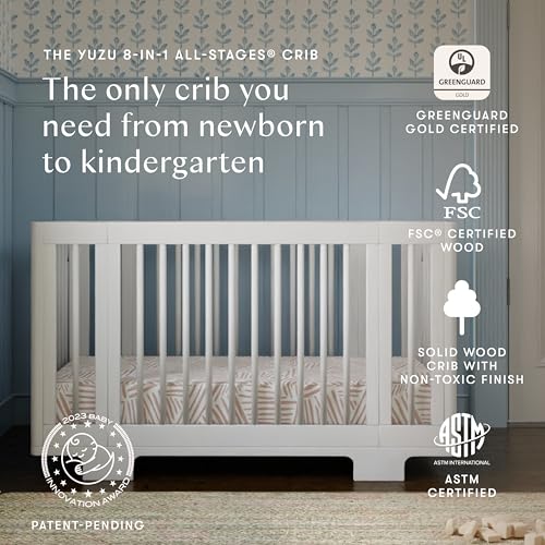 Image of Babyletto Yuzu Convertible All-Stages Bassinet, Midi, Full-Size Crib in White, Greenguard Gold Certified, Portable & Adjustable with Conversion Kits and Pads Included