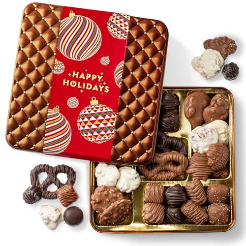 Image of Christmas Chocolate Gift Basket- Holiday Candy Gift Box with Assorted Milk, Dark & White Chocolates - Holiday Food Gift Idea for Men, Women, Family, Corporate- Bonnie & Pop Christmas Style