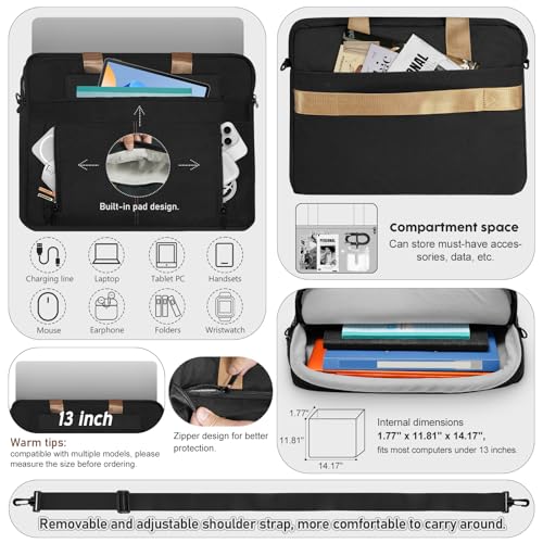 Image of 13.3 /14.0 Inch Laptop Bag Briefcase Handbag Shoulder Bag Compatible with Macbook Air Pro 13 M1 /M2 for Dell HP, Chromebook, Black