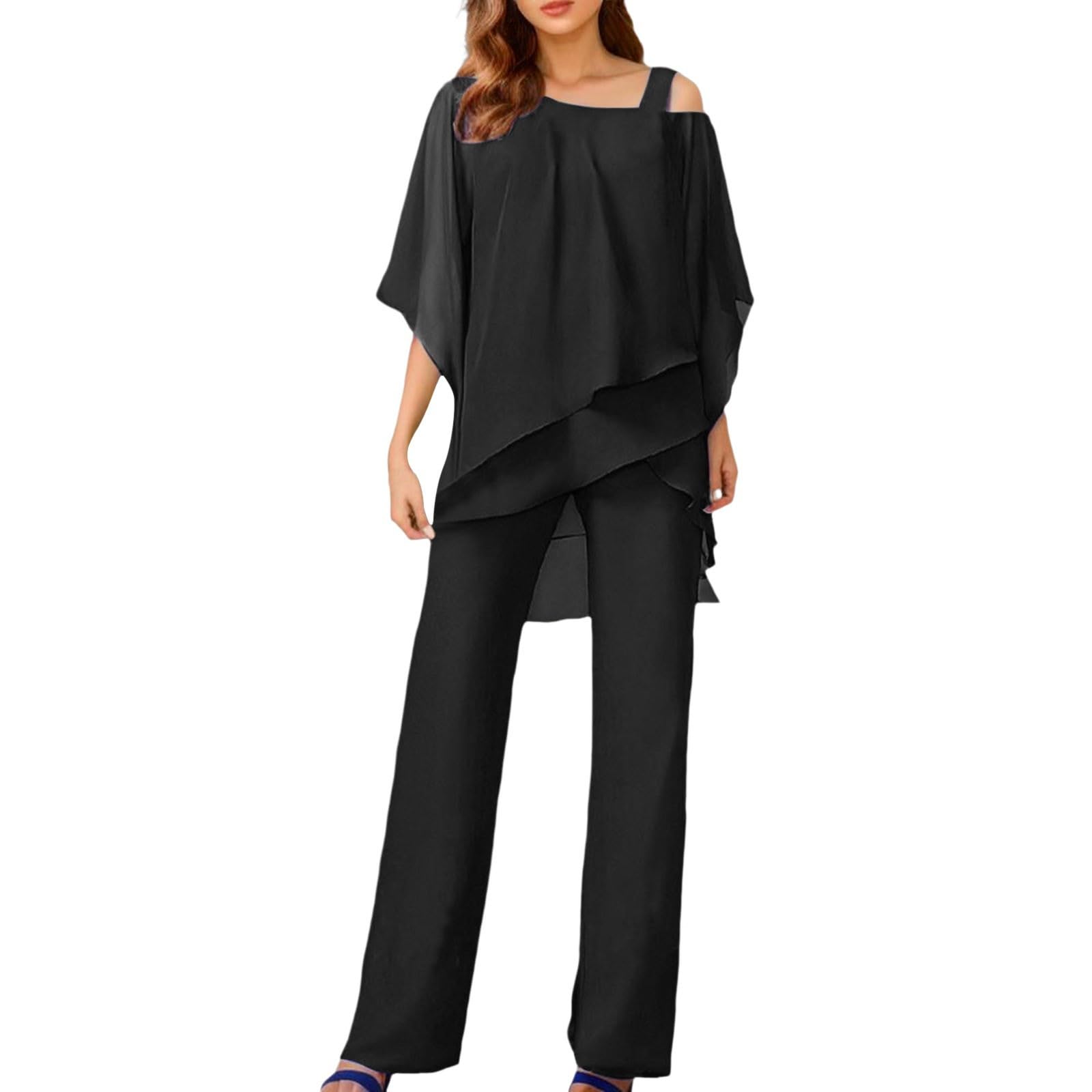Duohropke Conjunto de 2 piezas para mujer, tallas grandes, elegante, conjunto de 2 piezas, traje de cóctel, fiesta, pantalones festivos, camiseta de gasa de dos piezas y traje de pantalón de cintura