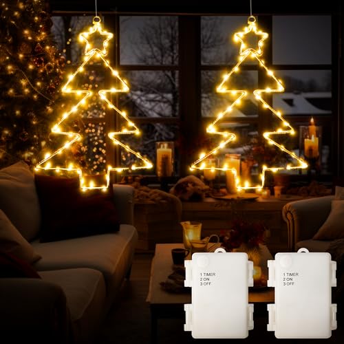 DreiWasser Beleuchtet Fensterdeko Weihnachtsbäume Batteriebetrieben 2 Stück 120 LED Weihnachtsbaum mit 1m Zuleitung und Timer für Fenster Beleuchtung Deko