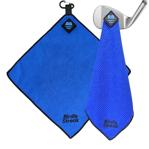 Clean Balls Go Further Birdie Streak Junior Magnetic Golf Towel for Kids - 12 x 12 Premium Waffle Microfiber - Powerful Integrated Magnet and Carabiner Clip - Youth Golf Bag Accessories - Blue