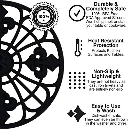 Silicone Trivet Set for Hot Dishes, Pots & Pans. These Kitchen Hot Pads 'Fleur De Lis' Design (Symbol of Royalty) Mimics Cast Iron Trivets Without Scratching (7.5 inch Round, Set of 3, Black). - Thumbnail 5