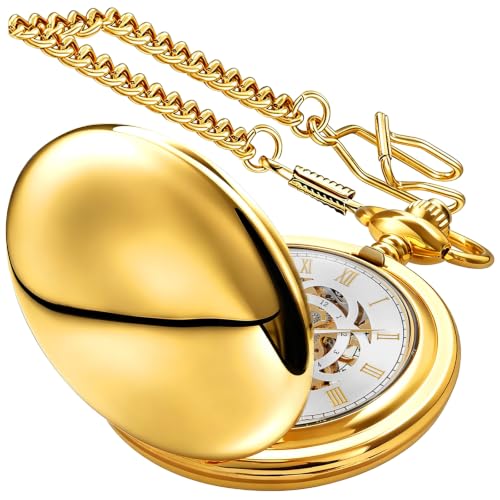 Image of Mens Pocket Watch Skeleton Mechanical Hand Winding Half Hunter Silver Black Golden Case Roman Numerals with Gift Box