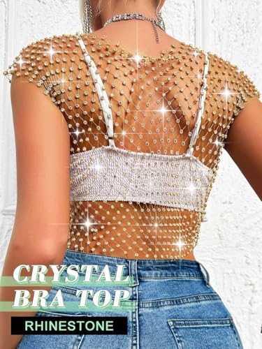 Nicute Women Sexy Mesh Rhinestone Top Sheer See Through Crop Top Sparkly White Crystal Bikini Cover Up Nightclub Cropped Tops4