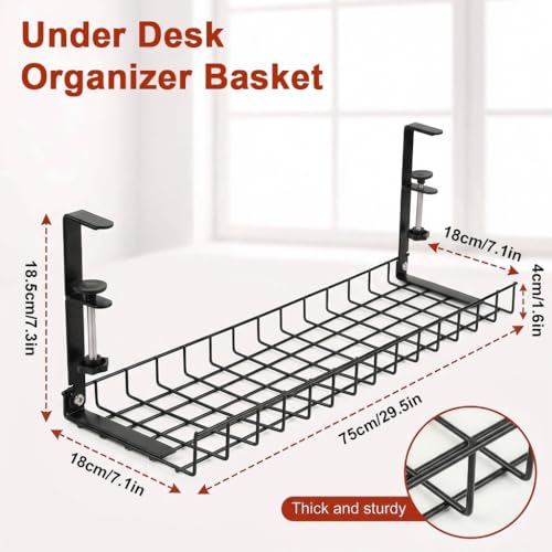 Image of Under Desk Cable Management Tray, No-Drill Clamp-On Wire Organizer Basket with Retractable Design, 29.5x7.5 in Large Storage Tray with Zip Ties & Cable Clips for Office Desk and Home Workspace