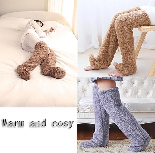 Image of Fuzzy Socks for Women, Cozy Over The Knee Sleeping Socks, Teddy Leg Plush Warmth Long Slipper Stockings (2PC)