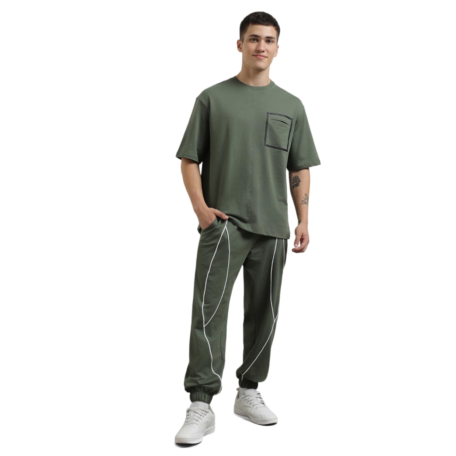 Men's Solid Relaxed Co-ord Sets (1M-LWCS-R0173_Olive Green