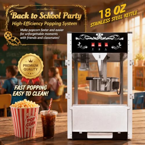 Image of 18OZ Popcorn Machine 丨 Stainless Steel Kettle Popcorn Maker Machine for Home, Theater, Parties丨Grade Electric Popper, Black