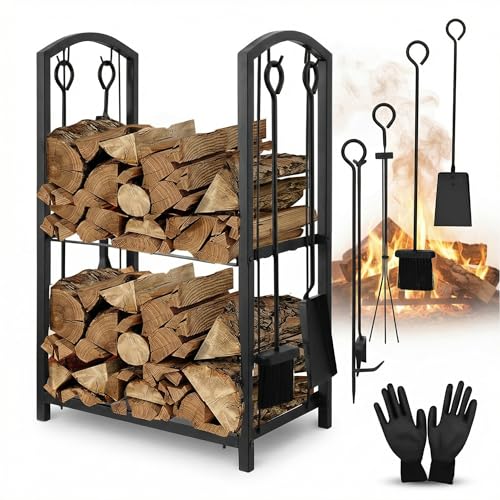 Melko Ensemble de 6 pièces de rangement pour bois de cheminée et gants de cheminée avec crochets latéraux pour intérieur et extérieur - Étagère en...