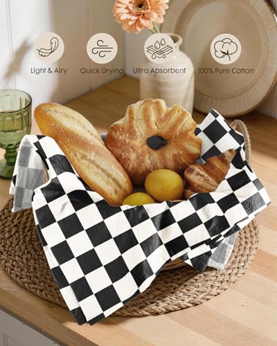 Image of Miss Adola 2 Pack Flour Sack Kitchen Towels - 16x26 Inch Black and White Cotton Dish Towels with Hanging Loop Reusable Modern Tea Towel Absorbent Dishcloths Home Decor, Checkered