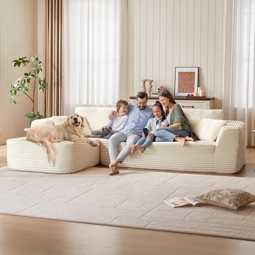 LINSY HOME Ecksofa mit Schlaffunktion - 270cm Corduroy Modulares Schlafsofa, L Form Couch, Sofa 3 Sitzer mit Ottomane, Sektionssofas für Wohnzimmer, Keine Montage erforderlich, Beige