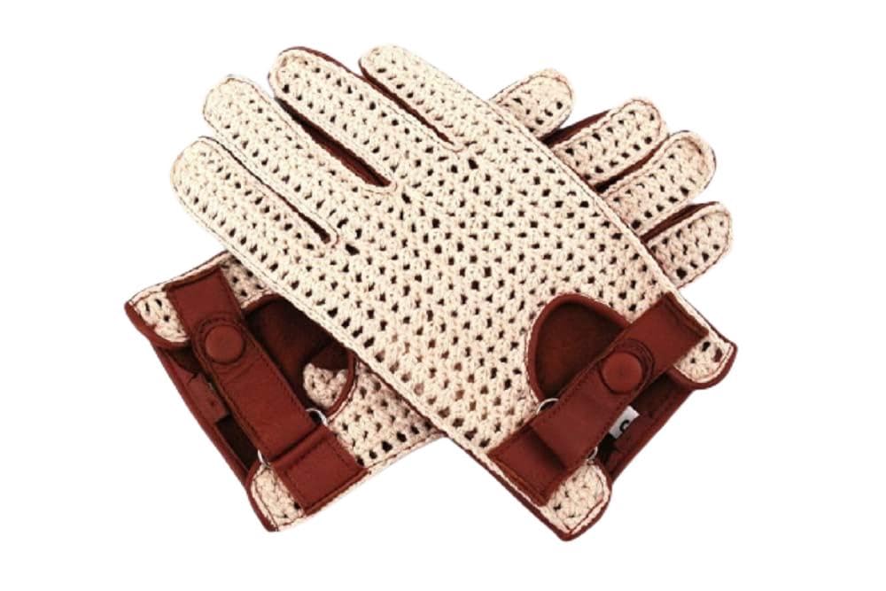 Men`s Real Leather Driving Gloves Retro Style Full Finger Crochet Cognac Chauffeur (Small, Cognac)