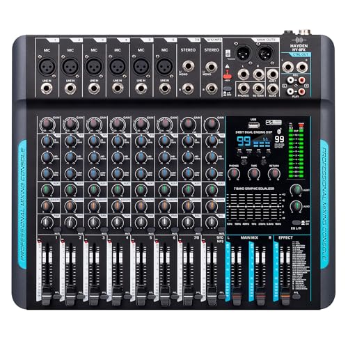 Image of hayden HY-8FX 10-Channel DJ Mixer With 99 DSP Reverb, 7-Band EQ, USB, Bluetooth, 48V Phantom, One-Click Mute Pro Sound Console For Recording, Stage, Studio, And Live Performance, Black