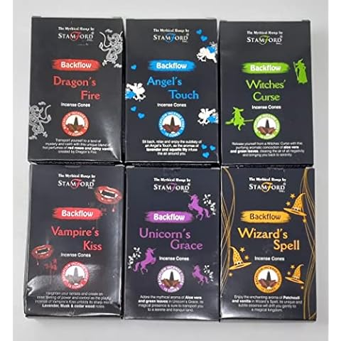 Stamford Mythical Incense Backflow, 12 Cones x 6 Different Packs, Black, One Size with JRose Souvenir Badge Cover