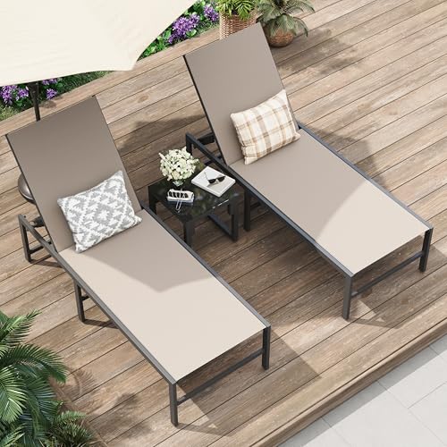Image of Amopatio Patio Lounge Chair Outdoor Chaise Lounge Set of 2 for Pool | with Side Table Weather Resistant 5-Position Adjustable Backrest Heavy Duty Steel Frame 400 LBS Capacity;Khaki