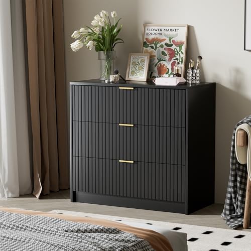 Image of Furniway Fluted Nightstands Set of 2, 31.5 inch Large Bedside Tables with 3 Drawers, Modern Wood Night Stands with Storage for Bedroom, Black