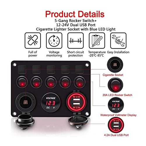 Voltmètre numérique double USB intégré sur panneau 5 interrupteurs auto 12V - 4