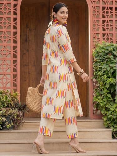 Image of INDO ERA Women Cotton White Printed Straight Kurta Pant Set