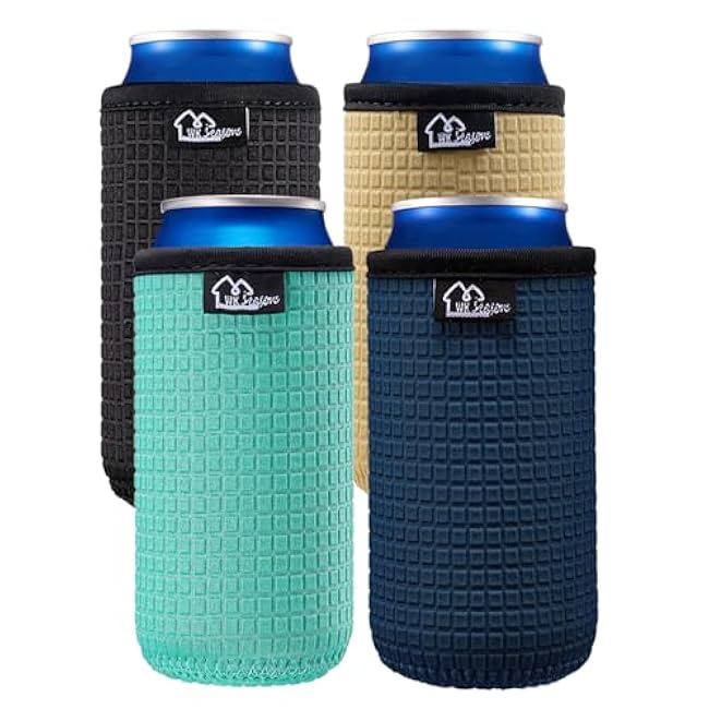 WK IEASON 12oz Slim Can Sleeves Insulators Tall Can Kooize Neoprene Slim Can Covers 12OZ Beer Bottle Sleeves Coolers Non-slip Neoprene Can Cooler Sleeves 4PC Pack(Black/Cool Mint/Dark blue/Khaki)