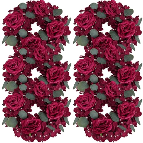 DIYDOFUN Artificial Flower Candle Rings - 6 Inch Inner Rose Floral Wreaths with Butterflies for Wedding Bridal Event Table Centerpieces Backdrop Christmas Decorations (Burgundy, 6 X Candle Rings)