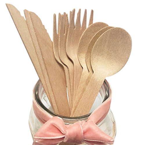 Ensemble de couverts jetables en bois fort et naturel, Alternative parfaite pour le plastique, 50 couteaux 100 fourchettes 50 cuillères de 160 mm Ustensiles biodégradable 