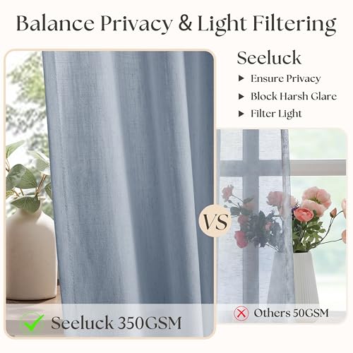 Image of Blue Gray Pinch Pleated Semi Sheer Linen Curtains 40x102 Inch | Dusty Blue, 102 inch Long, Light Filtering Privacy, Living Room, Burlap Textured, Drapes, Hook Rings Memory Shape, Coastal