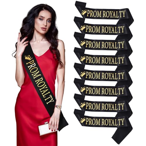 Lyrow 8 Pcs Graduation Prom Sashes Grad Satin Sashes with Gold Print School Dance Graduation Party Accessories for Prom King and Queen (Black Royalty)