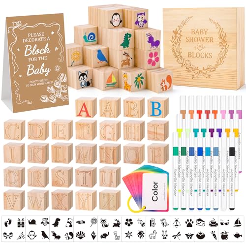 VISCOO 138 Pcs Baby Shower Blocks Game Set for Guest with Wooden Box Includes Wooden Blocks Markers Letter Cards Stencils Game Sign for Baby Shower Games Decorations