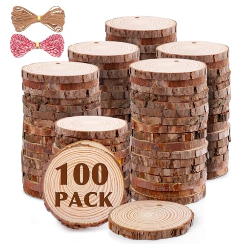 100 Pack Nature Wood Slices for Crafts 2.4-2.8In Unfinished Natural Wood Rounds.Wood Circles Predrilled with Hole and 20m Rope for Wooden Craft Supplies Painting Christmas Ornaments DIY Gifts