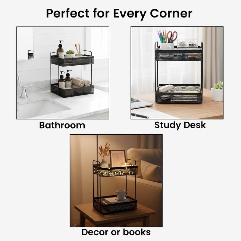 Image of Go Hooked Metal Standing Rack 2-Tier Countertop Organizer | Spices Organizer | Bathroom Essentials | Vanity Storage | Decorative Use | Cosmetic Makeup Storage (Black)