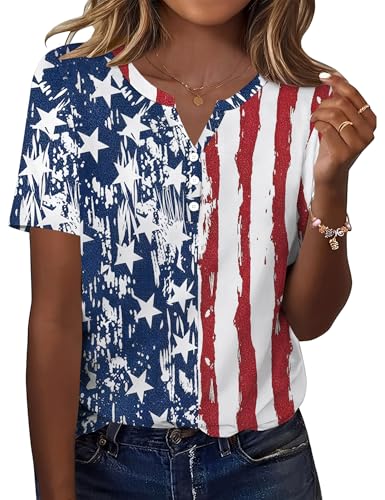 TCOT Womens T Shirts Summer Short Sleeve Button V Neck Tunic Tops to Wear with Leggings USA Patriot Graphic Clothes XL