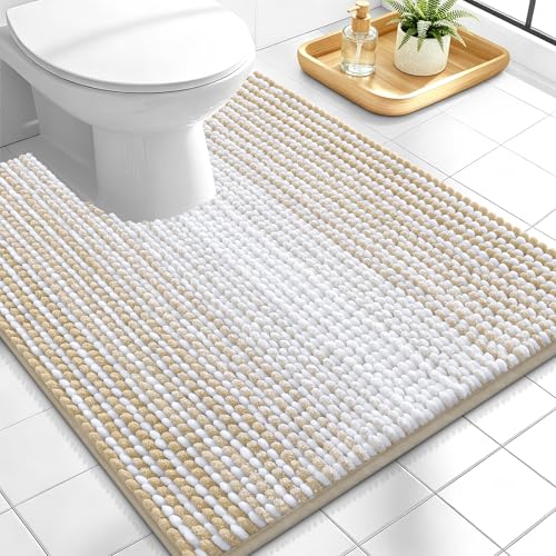 Image of OLANLY Toilet Rugs U-Shaped 24x20, Extra Soft Absorbent Chenille Striped Contour Bathroom Rugs for Toilet, Dry Quickly, Machine Washable, Non-Slip Bath Mat, Beige