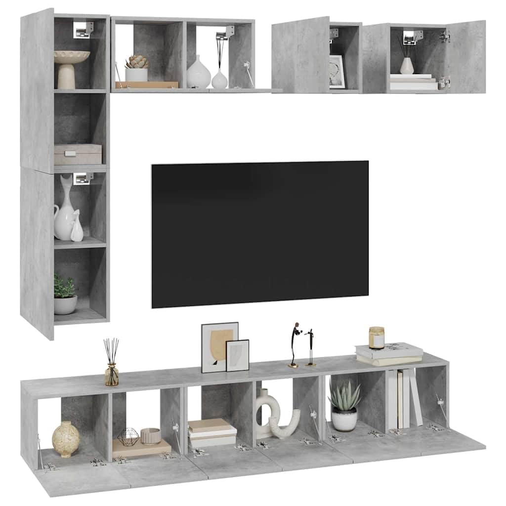 8-TLG. Hängendes TV-Schrank-Set, Betongrau Holzwerkstoff, Lowboard für Wohnzimmer, Modernes Media-Center mit viel Stauraum, Einfache Wandmontage